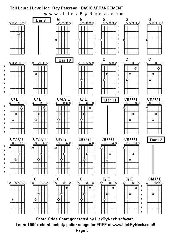 Chord Grids Chart of chord melody fingerstyle guitar song-Tell Laura I Love Her - Ray Paterson - BASIC ARRANGEMENT,generated by LickByNeck software.